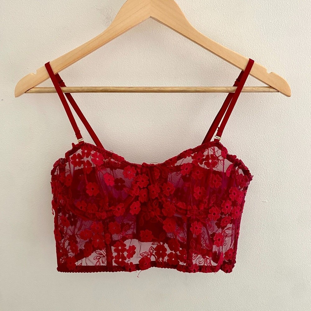 Red Floral Sheer Lace Cropped Corset Bra Top Women's Medium